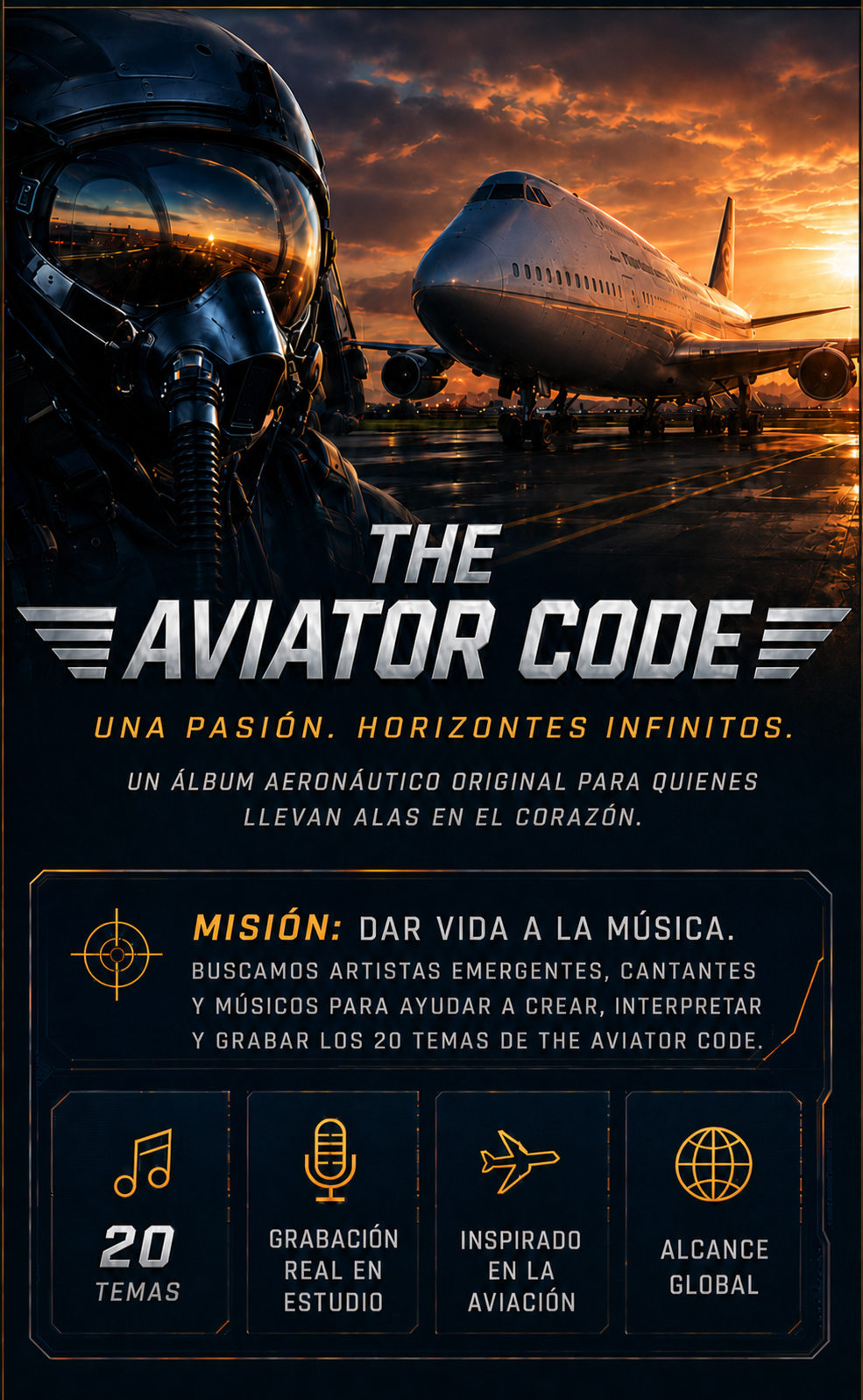 The Aviator Code mobile hero in Spanish with pilot helmet, airplane at sunset, title, mission panel and feature tiles.