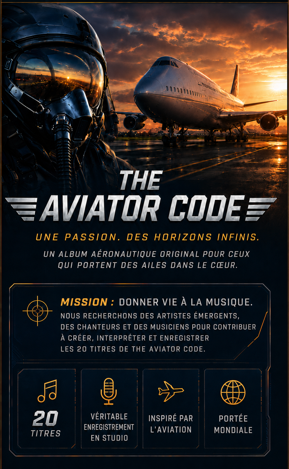 The Aviator Code mobile hero in French with pilot helmet, airplane at sunset, title, mission panel and feature tiles.