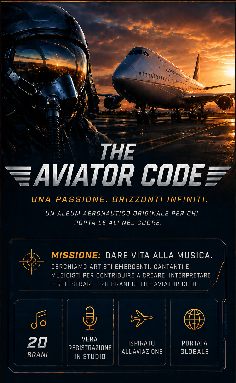 The Aviator Code mobile hero in Italian with pilot helmet, airplane at sunset, title, mission panel and feature tiles.