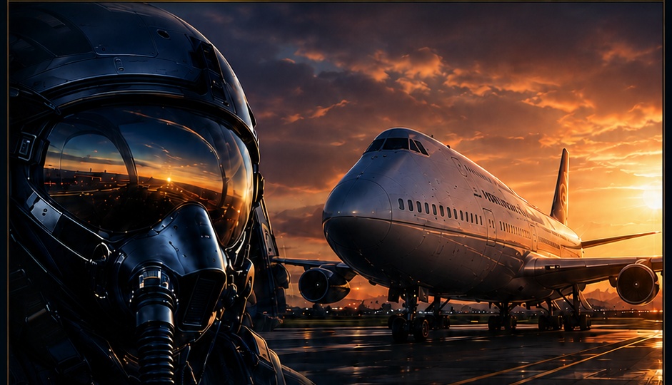Pilot helmet on the left and a Boeing 747 on the right at sunset.