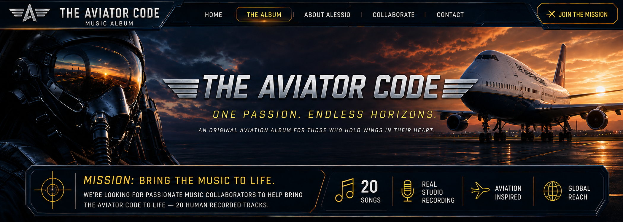 The Aviator Code taller cinematic top section with navigation, pilot helmet, centered album title, Boeing 747 at sunset, and a fully integrated twenty-song mission strip.