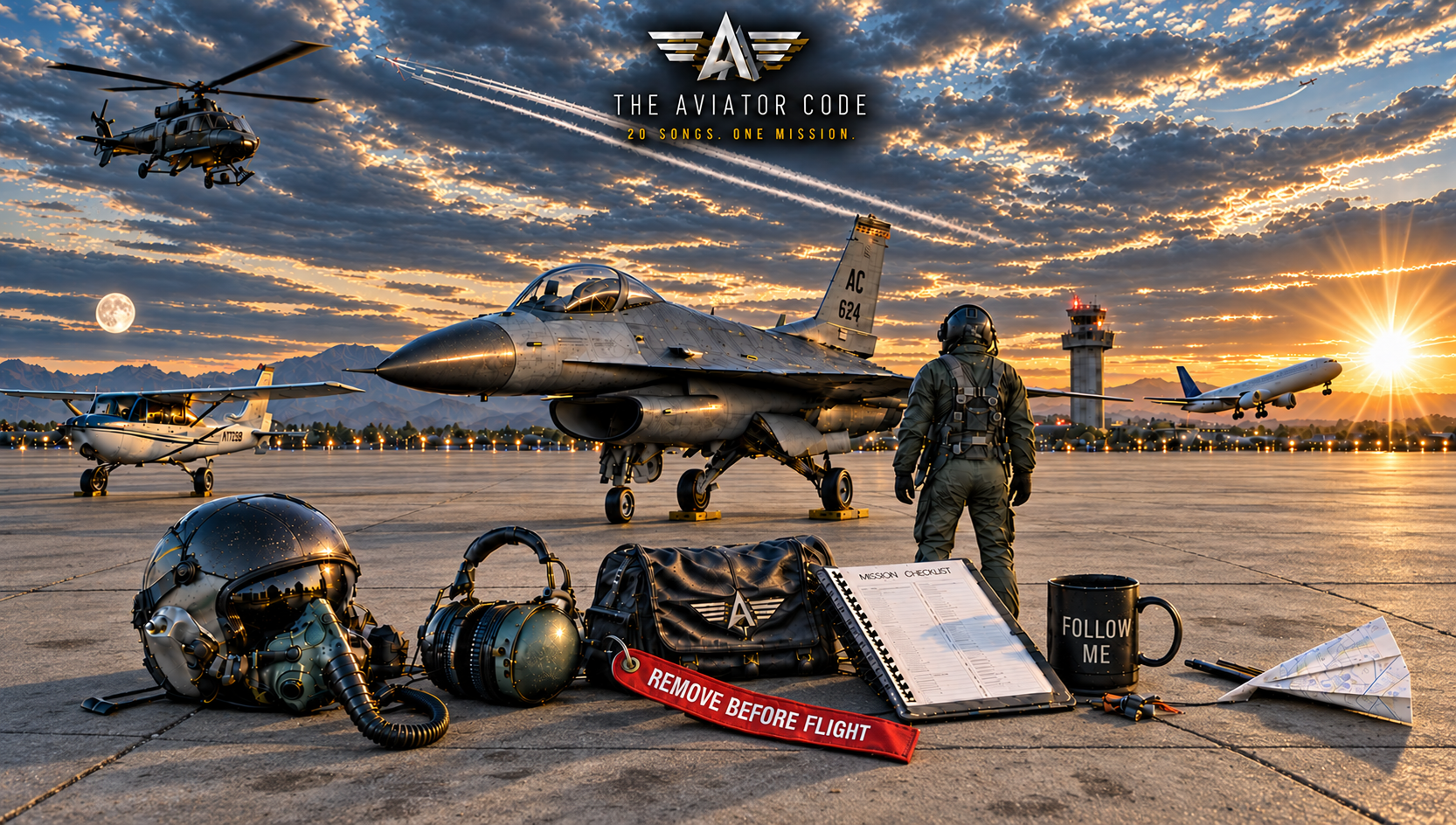 Sunset flight line on a dry concrete apron, with aircraft, a pilot, aviation equipment and interactive song targets.